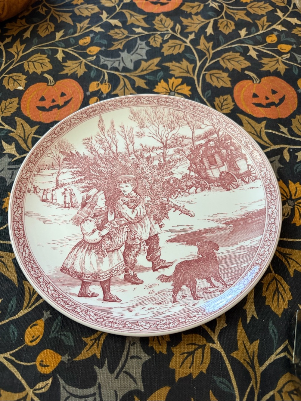 Spode Red Scenic Transferware Plate with Holiday Scene